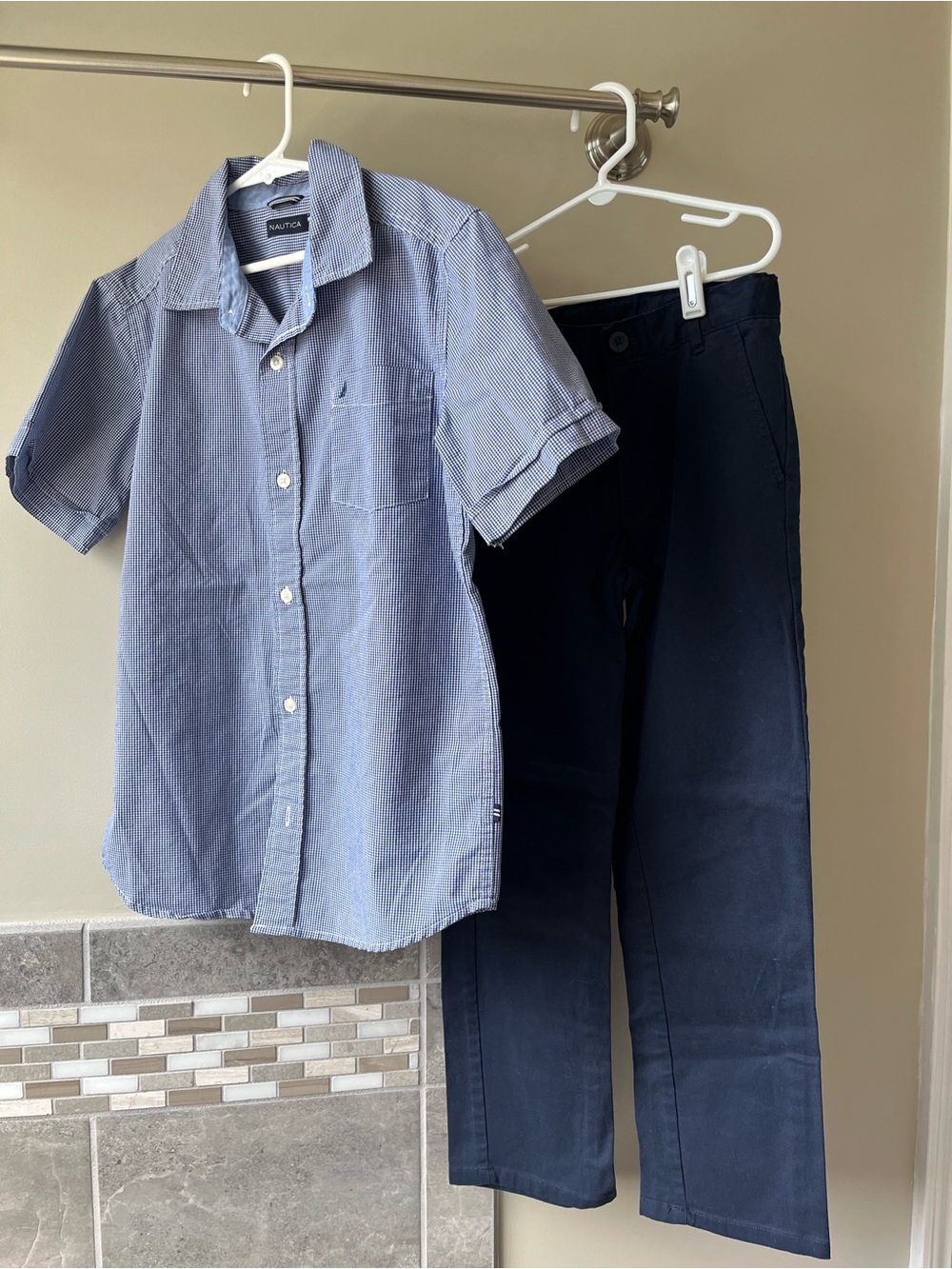 Nautica Set Navy Pants & Short Sleeve Checked Button Shirt Boys Size 10/12 EUC